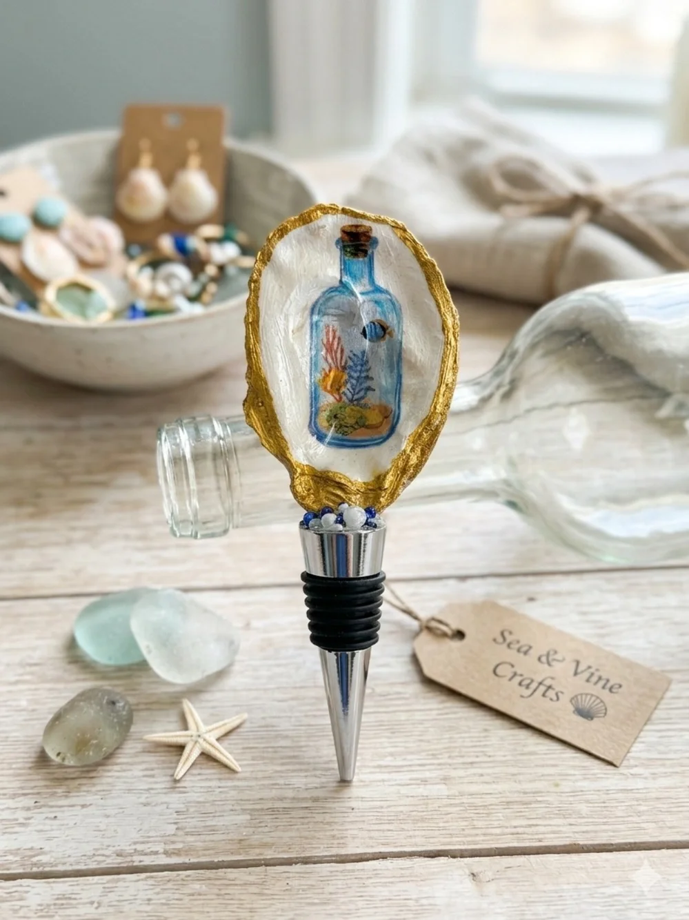 Gold-Trim Bottle Stopper with Blue Bottle Art —Handmade by Me